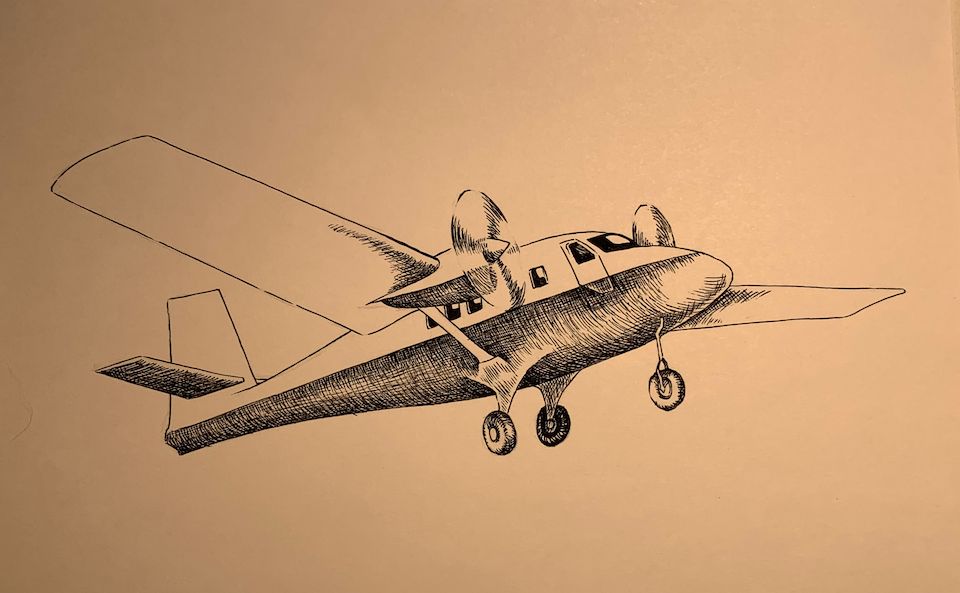 Pen-and-ink drawing of an airplane.