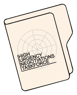 A manila folder with a logo for the High Urgency Negotiations Taskforce.