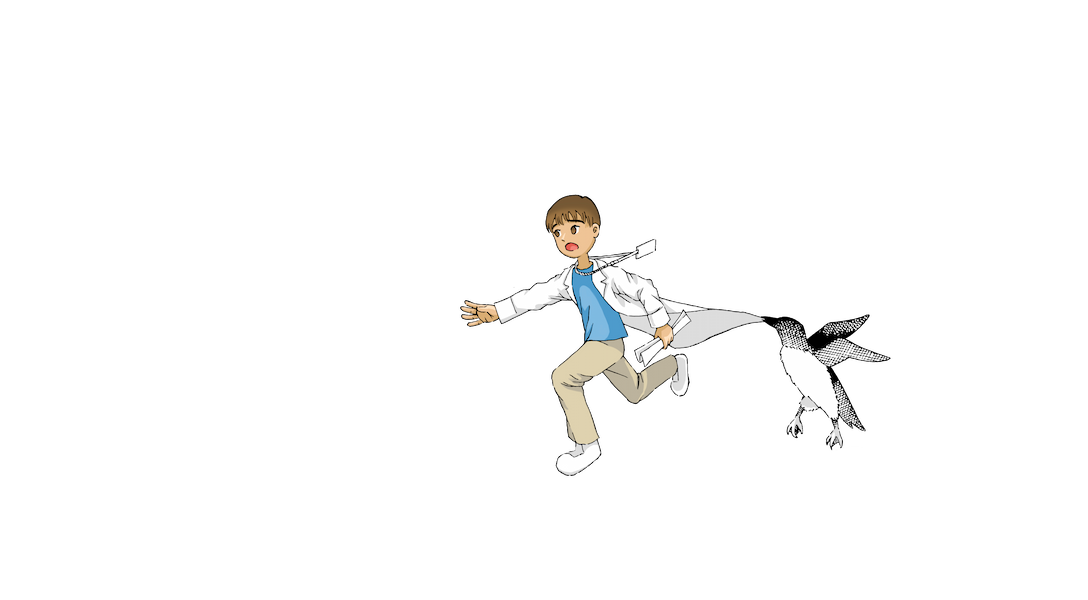 A scientist chases two penguins who have stolen research papers and a briefcase, while a third penguin is pulling on his lab coat.