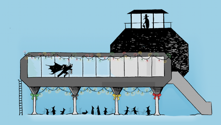 A building with backlit windows. A tall figure with a cowl and flowing cape dashes towards another short figure with a beak-like nose, top hat, and umbrella.