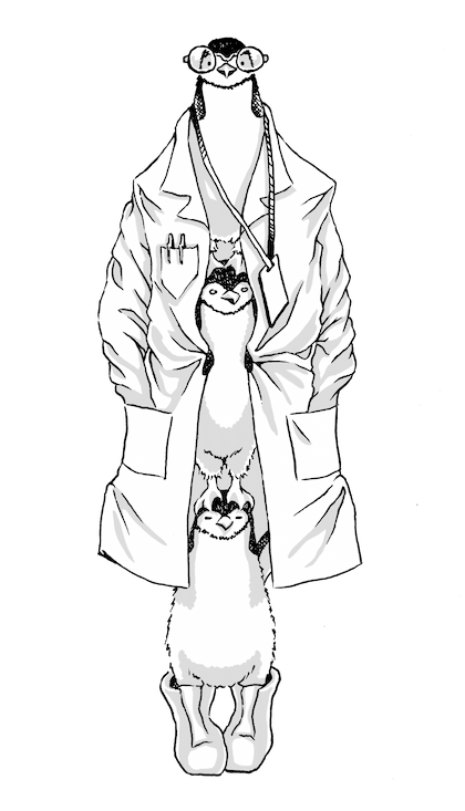 Three penguins in a lab coat.